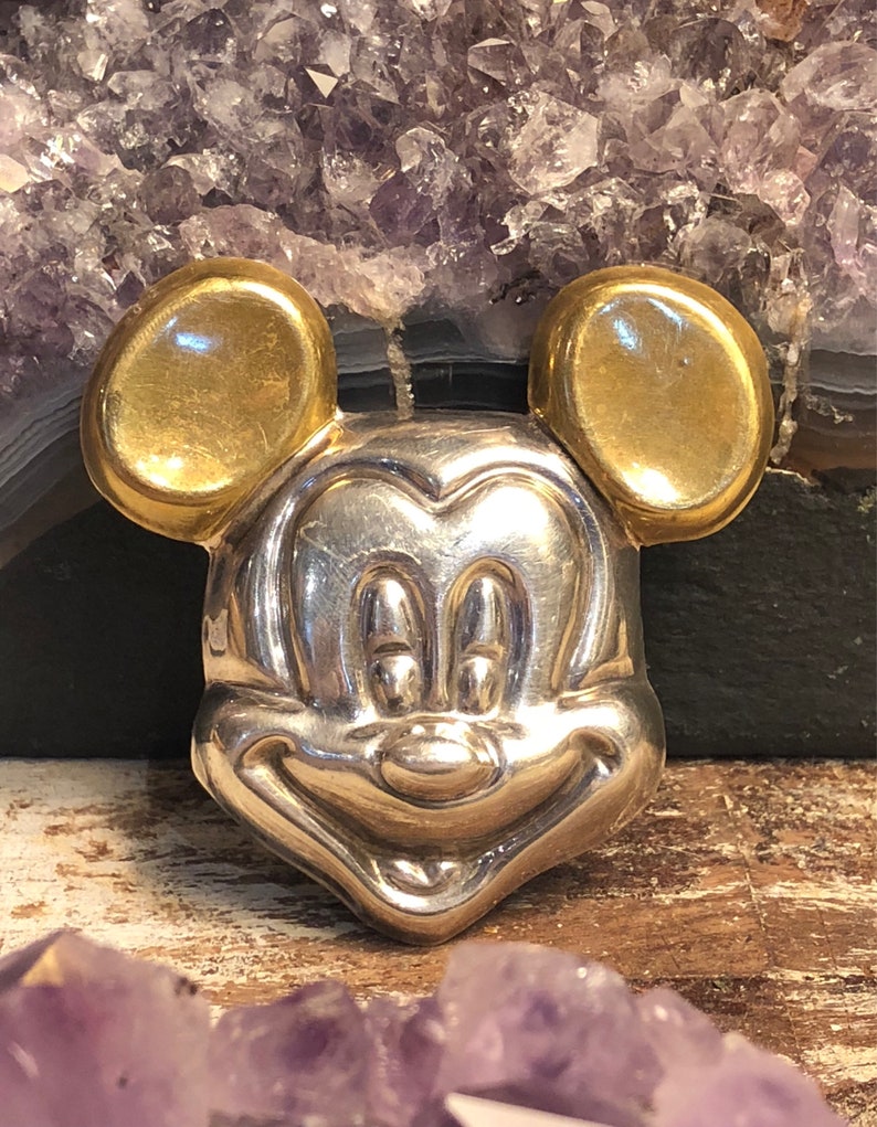 Very Cool Large Mickey Mouse Sterling Silver Brass Vintage Brooch Necklace Pendant