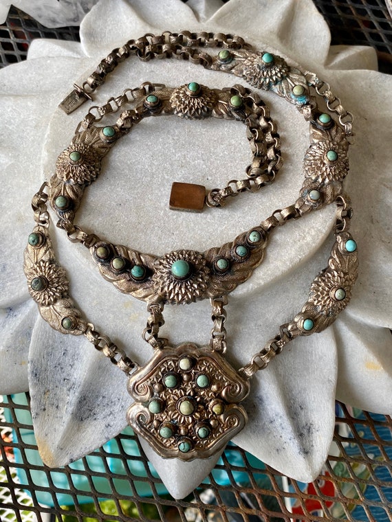 Art Nouveau Old Chinese Chinese Turquoise Silver … - image 2