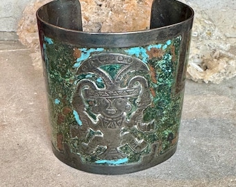Aztec Myan Sterling Silver Copper Enamel Vintage Cuff Bracelet
