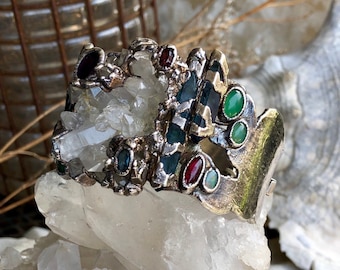 Amazing One of a Kind Artisan Multi Gemstone 999 Sterling Silver Druzy Rock Crystal Vintage Bracelet Wearable Art