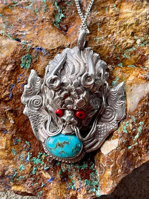 Sterling Silver Blue Turquoise Asian Dragon Vinta… - image 3