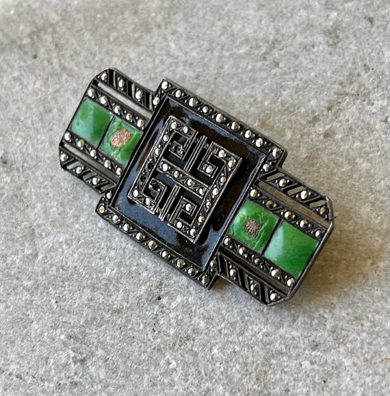 Authentic Art Deco Sterling Silver Green and Blac… - image 1