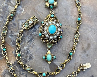 Austro Hungarian Persian Turquoise Baby Pearl Gold Gilt Sterling Silver Enamel Antique Vintage Necklace