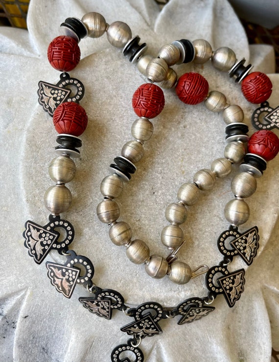 Unique Carved Red Cinnabar Sterling Silver Vintag… - image 5