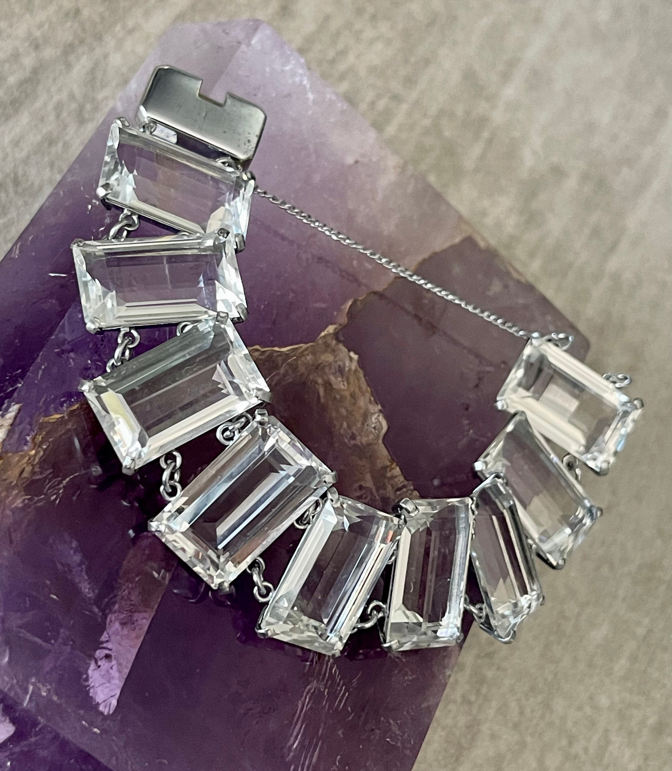 Art Deco Faceted Baguette Quartz Rock Crystal Sterling