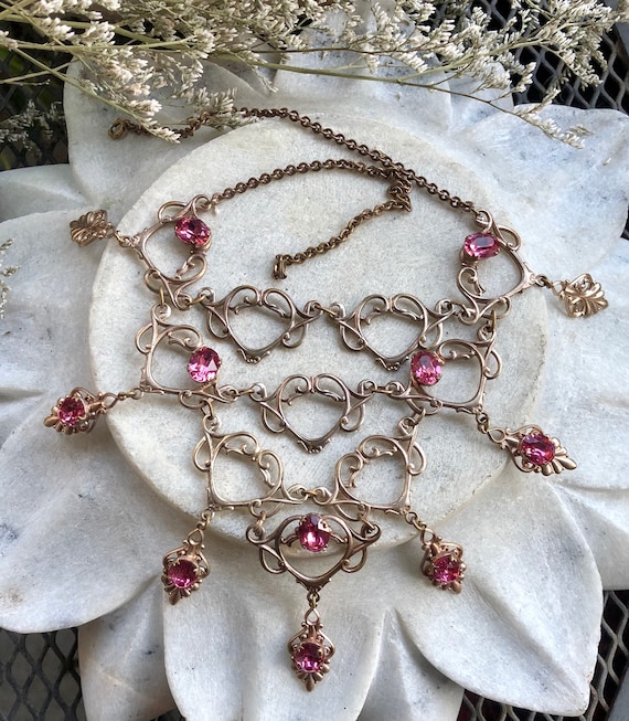 Beautiful Art Nouveau Art Deco Pink Crystal Stone Brass Vintage