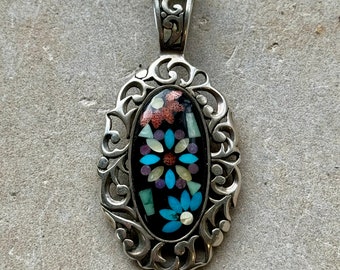 Sterling Silver Multi Gemstone Flower Mosaic Vintage Necklace Pendant