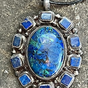 Sterling Silver Blue Green Azurite Vintage Necklace Pendant