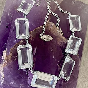Circa 1920s Art Deco Faceted Baguette Quartz Rock Crystal Sterling Silver Antique Necklace