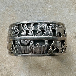 Egyptian Motif  Hieroglyphic Sterling Silver Vintage Cuff Bracelet