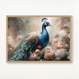 Elegante Pfauen-Wandkunst – Romantischer floraler digitaler Download – Vintage Botanisches Vogelposter für Samsung The Frame TV & druckbares Art Decor
