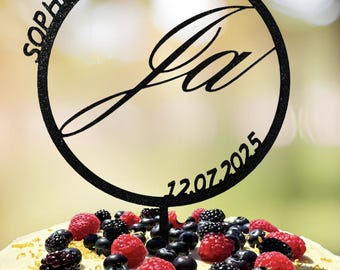 Wedding cake topper with names & date – personalized for the bride and groom – elegant, modern – cake topper in 12 colors