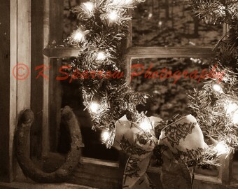 Christmas Wreath and Horseshoe - winter, vermont, the barn, horseshoe, bow, wreath, sepia, snow, lights, holiday season, pawlet, country