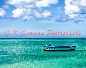 Fishing boat, Aruba - photograph, ocean, cloud, Caribbean, sky, island, blue, boat, ship, reef, beach, sand, pelican