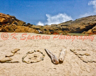 Love, Natural Bridge, Aruba - photograph, ocean, clouds, Caribbean, sky, island, blue, beach, sand, waves, coral, reef, Natural Bridge,