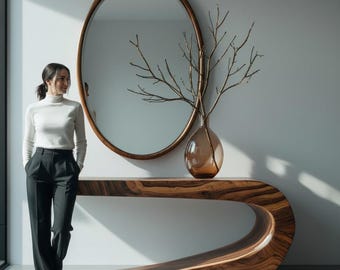 Handmade Solid Walnut Wood Console Table – Modern Minimalist Wooden Entry Table – Organic Curved Design