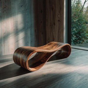 Pu&ograve; includere: Una panca moderna e scultorea in legno scuro. La panca ha un design continuo e fluido con linee curve e un centro aperto. La venatura del legno &egrave; visibile, mostrando i motivi e i toni naturali del materiale. La panca &egrave; posizionata su una superficie di legno.