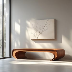 Curved Wooden Bench For Home Decor | Stylish Interior Seating Area With Minimalist Design | Handmade Furniture For Living Room, Entryway