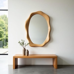 Organic Oval Wooden Frame Wall Mirror with Modern Minimalist Aesthetic - Perfect for Entryways, Living Spaces, and Bedrooms - Wooden mirror