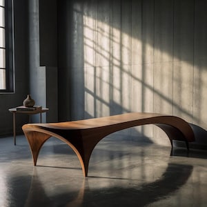 Modern Sculptural Wooden Bench with Unique Curved Design and Arched Legs – Furniture, Polished Finish, Perfect for Contemporary Interiors