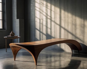 Sculptural Wood Bench: Modern Curved Design, Polished Hardwood