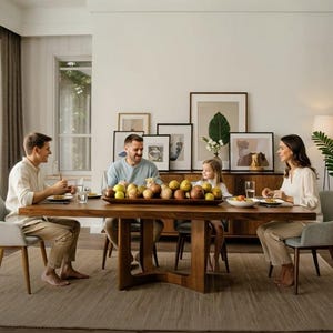 May include: A family seated at a large wooden dining table. The table is laden with a wooden tray of fruit. The room is decorated with framed artwork and a large window. The family is enjoying a meal together.