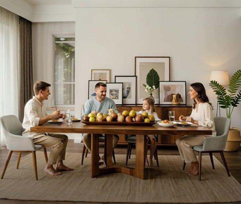 May include: A family seated at a large wooden dining table. The table is laden with a wooden tray of fruit. The room is decorated with framed artwork and a large window. The family is enjoying a meal together.