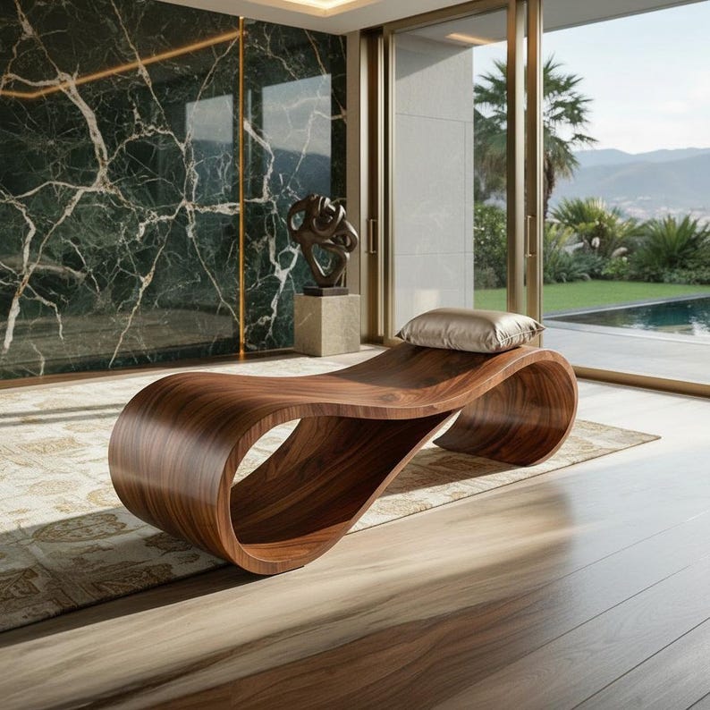 Pu&ograve; includere: Una moderna chaise longue in legno curvo con finitura liscia e lucida. La chaise longue presenta un design unico e fluido ed &egrave; sormontata da un piccolo cuscino quadrato color oro. Il pezzo &egrave; ambientato in una stanza lussuosa con vista.