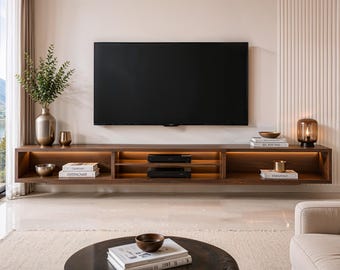 フローティングウォールナット製テレビ台｜壁掛け式メディアコンソール｜手作りのモダンなエンターテイメントユニット