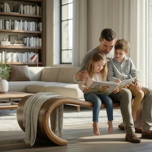 Può includere: Una famiglia legge un libro insieme su una panca in legno curva in un moderno soggiorno. La panca ha una coperta di colore chiaro. Una grande finestra e una libreria sono sullo sfondo.