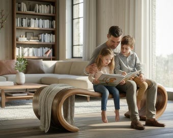 Panca moderna in legno scultoreo, seduta in legno massello dal design ondulato, panca minimalista curva senza soluzione di continuità