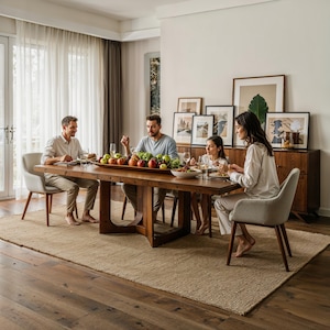 May include: A family dining together at a large wooden table. The table is laden with fresh fruit and vegetables. The room has a neutral color palette, with a beige rug and light-colored chairs. Artwork hangs on the wall.