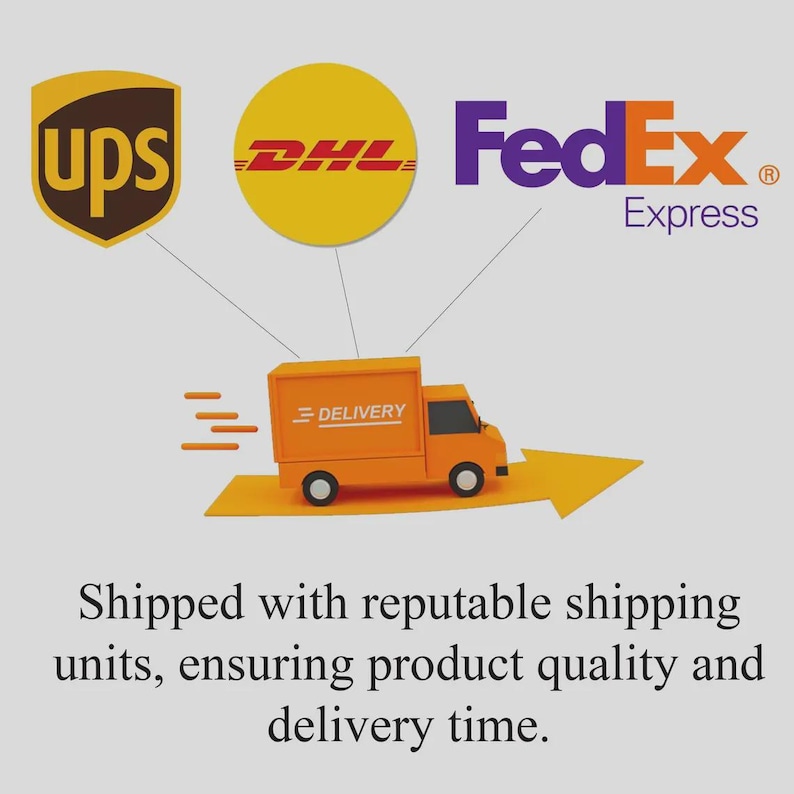 Pu&ograve; includere: Un camioncino di consegna arancione con la scritta "DELIVERY" su un lato, una freccia e i loghi di UPS, DHL e FedEx. L'immagine include anche il testo "Spedito con unit&agrave; di spedizione affidabili, garantendo la qualit&agrave; del prodotto e i tempi di consegna."