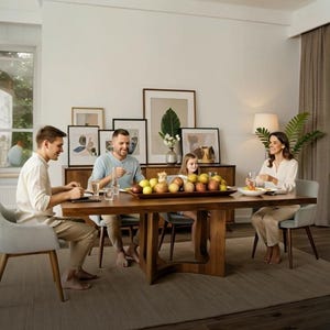 May include: A family is seated around a large wooden dining table. A wooden tray filled with various fruits sits in the center. The room is well-lit, with artwork and a lamp visible in the background. The family is enjoying a meal.