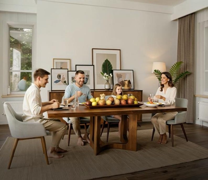 May include: A family is seated around a large wooden dining table. A wooden tray filled with various fruits sits in the center. The room is well-lit, with artwork and a lamp visible in the background. The family is enjoying a meal.