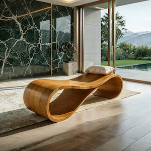 Pu&ograve; includere: Una chaise longue in legno dal design curvo e fluido. Il legno chiaro ha una finitura naturale. Un cuscino beige poggia sulla seduta. La chaise longue &egrave; posizionata su un tappeto di colore chiaro.
