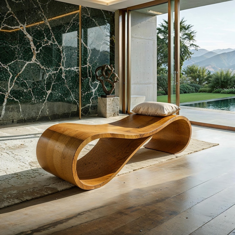 Pu&ograve; includere: Una chaise longue in legno dal design curvo e fluido. Il legno chiaro ha una finitura naturale. Un cuscino beige poggia sulla seduta. La chaise longue &egrave; posizionata su un tappeto di colore chiaro.