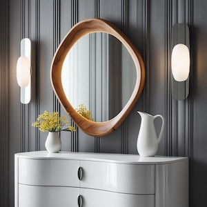 Modern Oval Wooden Mirror with Natural Wood Frame, Wall Mounted Mirror Home Decor, Contemporary Interior Design, Bathroom Vanity Mirror