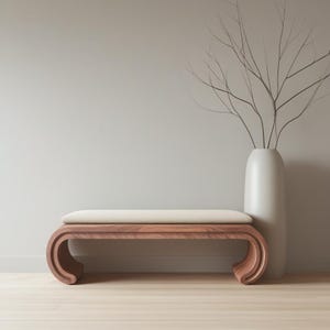 Modern Wooden Bench with Cushion | Minimalist Design Furniture | Natural Wood Veneer, Elegant Curved Legs | Living Room, Bedroom Living Room
