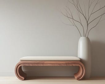 Modern Wood Bench with Cushion: Minimalist Design, Curved Legs