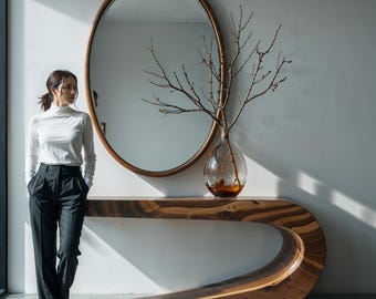 Handmade Solid Walnut Wood Console Table – Modern Minimalist Wooden Entry Table – Organic Curved Design