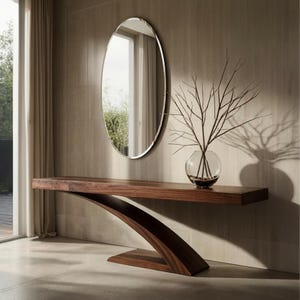 May include: A modern entryway setup featuring a dark wood console table with a curved leg design. Above the table hangs an oval mirror with a silver frame. A glass vase with branches sits on the table, adding a natural element.