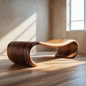 Real Walnut wood / Modern Sculptural Wooden Bench with Smooth Curves | Unique S-Shaped Design / Perfect Indoor Seating Solution