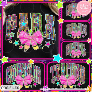 Retro Back to School Neon Checkered Png Bundle, School Occupation Png, First Day Of School Teacher Sped Para Librarian Png, Bright Color Png