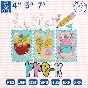 Preppy Back to School Embroidery Bundle, Hello Kindergarten to 5th Grade Stitch File, Coquette First Day Teacher Girl Embroidery