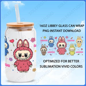 Lustiges Cartoon 16 Unzen Libbey Can Wrap Design, Cartoon Kaffeeglas Vorlage, Trending Pink Cartoon Charakter Glasdosenverpackung, Geschenk für Kinder
