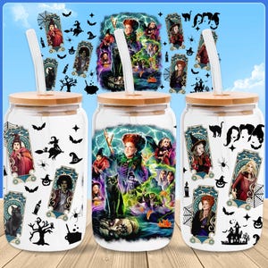 Halloween Witch Sisters 16 oz Glass Can Sublimation Design, Bad Witches 16 Oz Libbey Glass Can Wrap Png