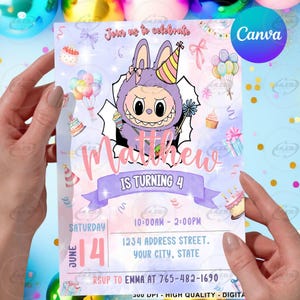 漫画人形の誕生日パーティー招待状、ピンクの漫画キャラクターPNG Canva編集可能、女の子向けのかわいい人形PNG、ピンクの人形パーティー招待状