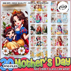 30 Princess Mother’s Day Cartoon Can Wrap 16oz Design Bundle, Gift For Mom Glass Can Png, Cartoon Mama UV DTF Cup Wrap Design, Digital File