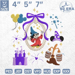 Magical Kingdom Embroidery Design, Vintage Mouse Cartoon Bow Embroidery Design, Magic Mouse Cartoon Embroidery
